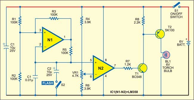 Farmhouse Lantern-Cum-Flasher source schematic showing the LM358 oscillator, comparator and complementary lamp driver Farmhouse Lantern-Cum-Flasher source schematic showing the LM358 oscillator, comparator and complementary lamp driver
