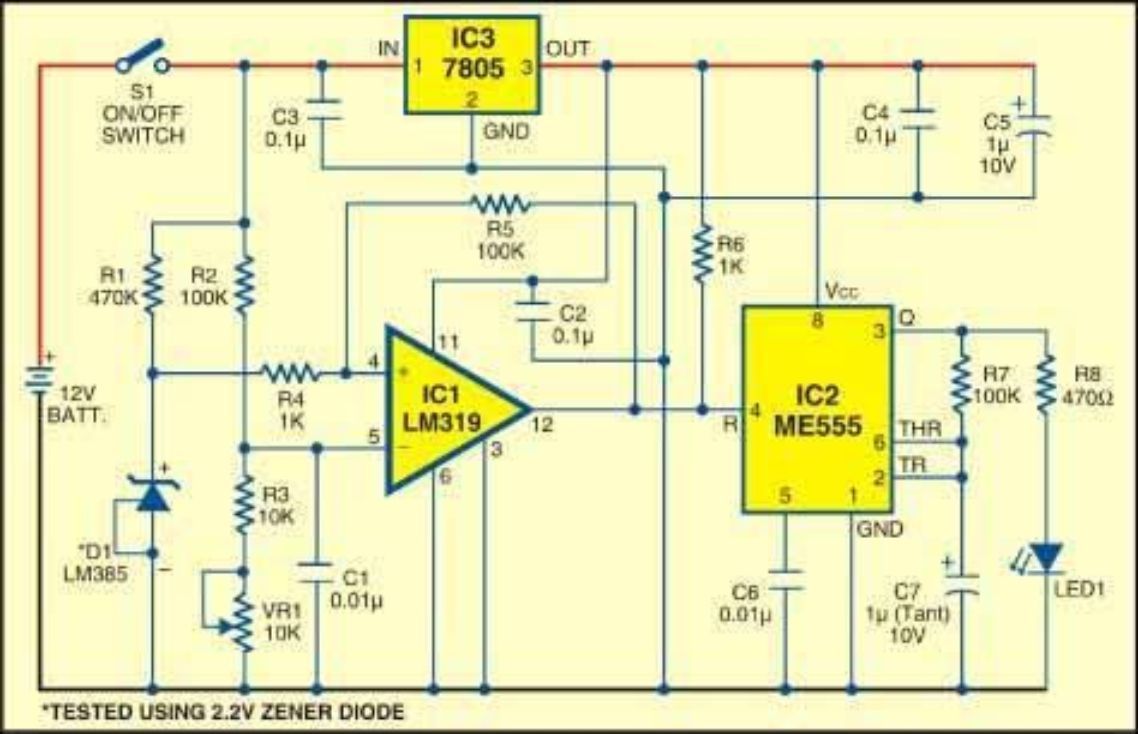 Reference circuit diagram for the LM319 comparator, LM385 voltage reference, astable warning stage and regulated supply. Battery-low indicator circuit diagram from the project reference