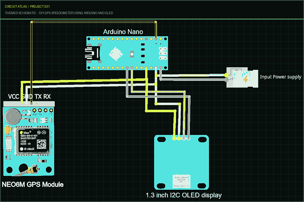 Circuit Atlas themed schematic for DIY GPS Speedometer using Arduino and OLED Circuit Atlas themed schematic for DIY GPS Speedometer using Arduino and OLED