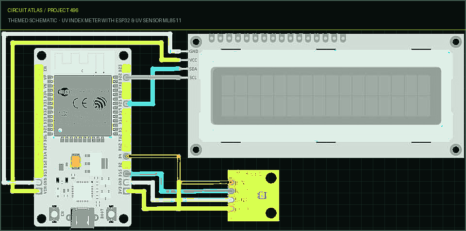 Circuit Atlas themed schematic for UV Index Meter with ESP32 & UV Sensor ML8511 Circuit Atlas themed schematic for UV Index Meter with ESP32 & UV Sensor ML8511