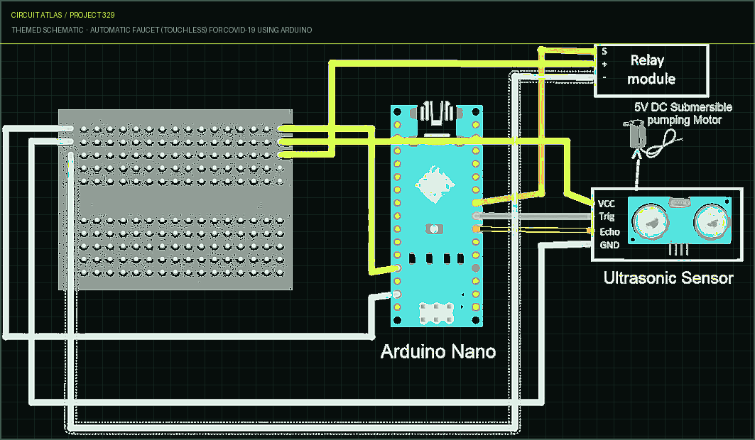Circuit Atlas themed schematic for Automatic Faucet (Touchless) for COVID-19 Using Arduino Circuit Atlas themed schematic for Automatic Faucet (Touchless) for COVID-19 Using Arduino