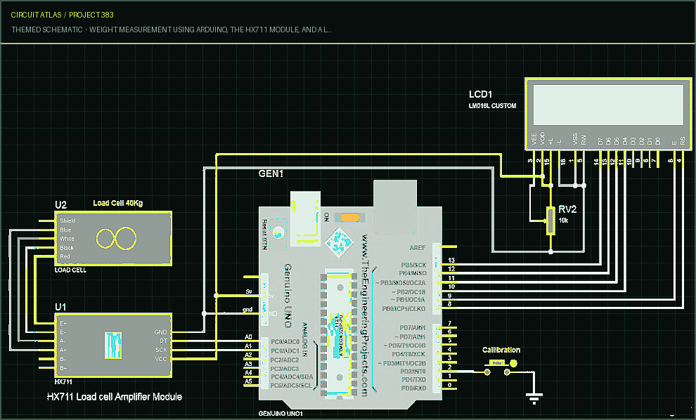 Circuit Atlas themed schematic for Weight measurement using Arduino, the HX711 Module, and a load cell Circuit Atlas themed schematic for Weight measurement using Arduino, the HX711 Module, and a load cell