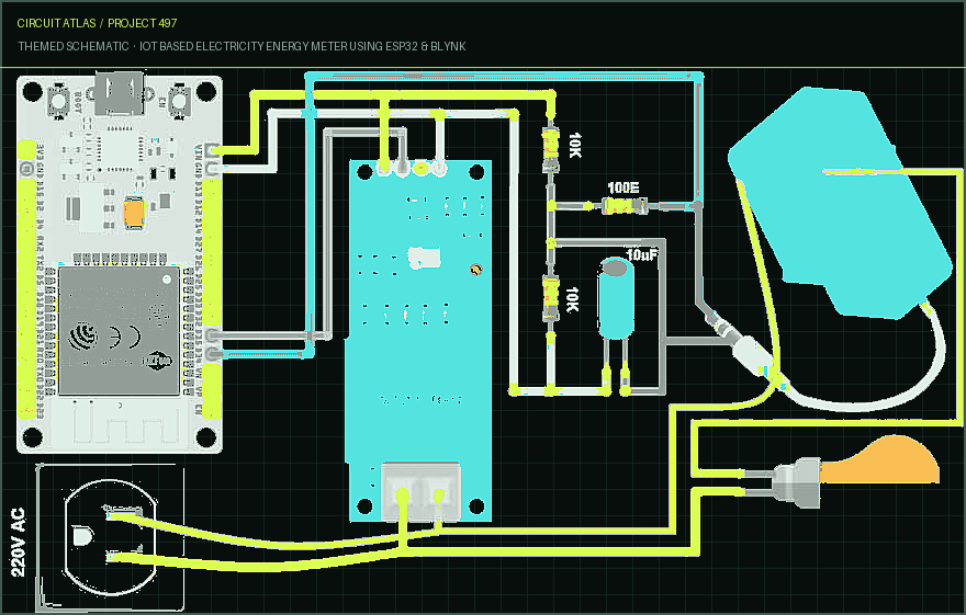 Circuit Atlas themed schematic for IoT Based Electricity Energy Meter using ESP32 & Blynk Circuit Atlas themed schematic for IoT Based Electricity Energy Meter using ESP32 & Blynk