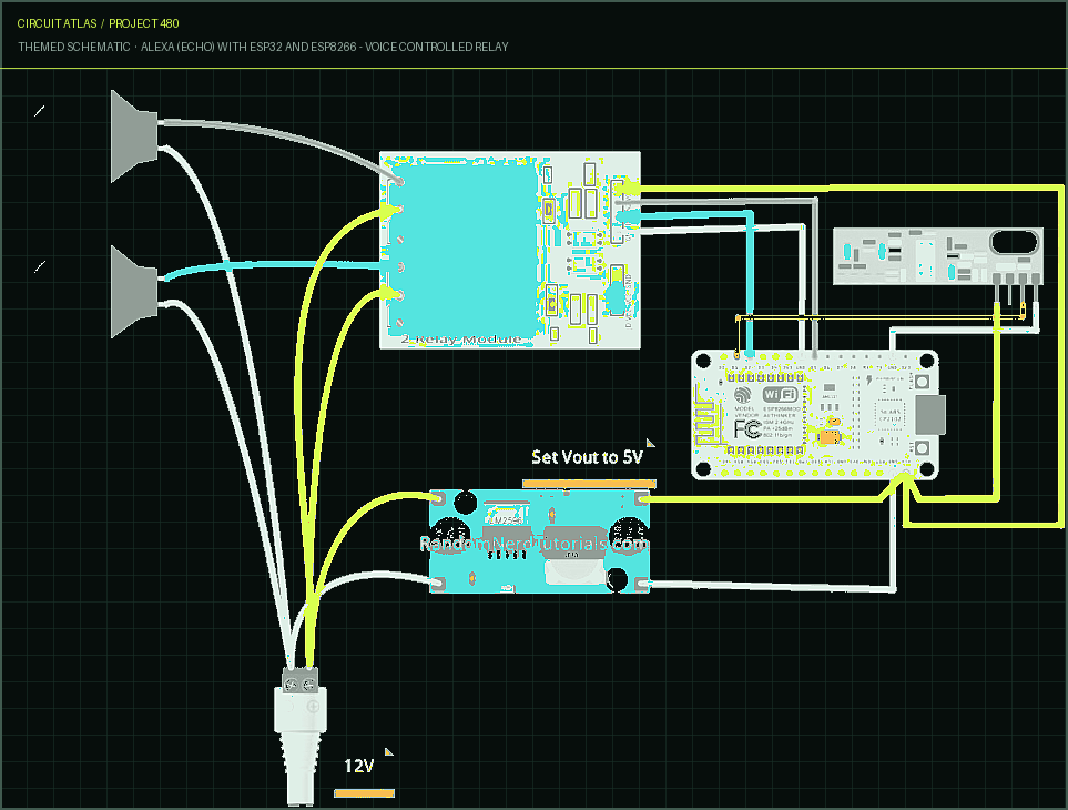 Circuit Atlas themed schematic for Alexa (Echo) with ESP32 and ESP8266 - Voice Controlled Relay Circuit Atlas themed schematic for Alexa (Echo) with ESP32 and ESP8266 - Voice Controlled Relay