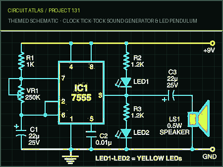 Circuit Atlas themed schematic for Clock Tick-Tock Sound Generator & LED Pendulum Circuit Atlas themed schematic for Clock Tick-Tock Sound Generator & LED Pendulum