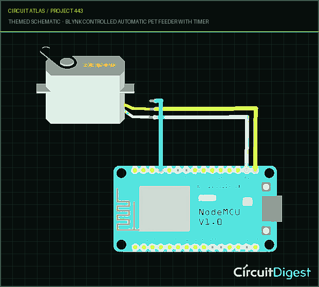 Circuit Atlas themed schematic for Blynk Controlled Automatic Pet Feeder with Timer Circuit Atlas themed schematic for Blynk Controlled Automatic Pet Feeder with Timer