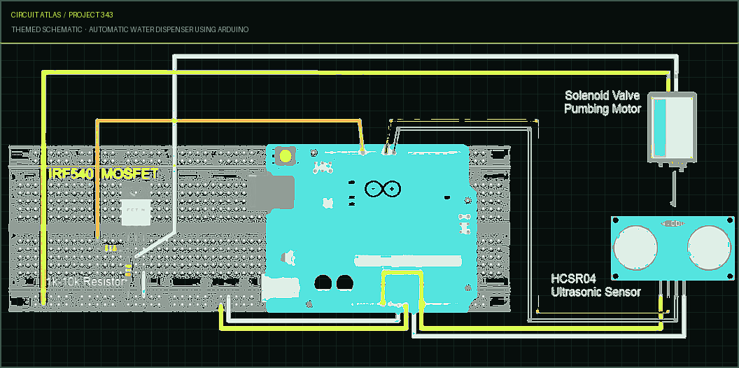 Circuit Atlas themed schematic for Automatic Water Dispenser using Arduino Circuit Atlas themed schematic for Automatic Water Dispenser using Arduino