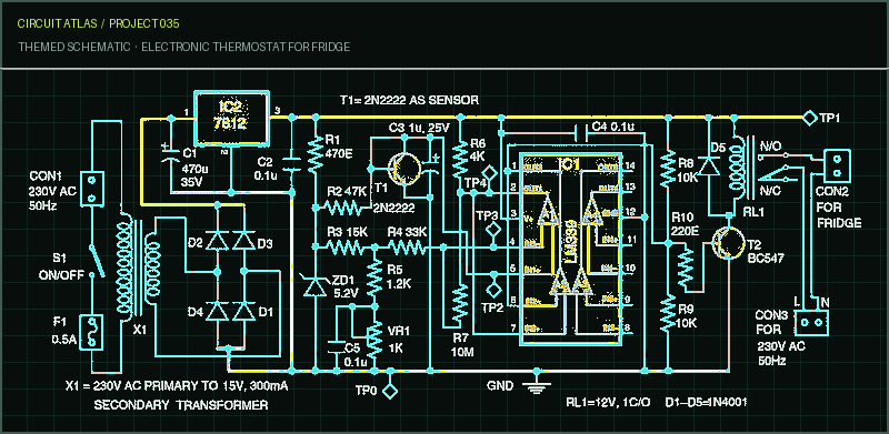 Circuit Atlas themed schematic for Electronic Thermostat for Fridge Circuit Atlas themed schematic for Electronic Thermostat for Fridge
