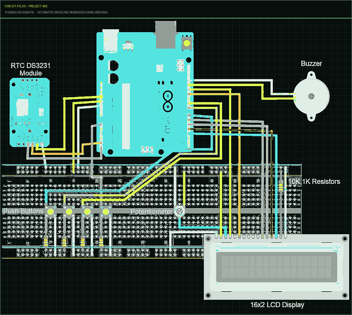 Circuit Atlas themed schematic for Automatic Medicine Reminder Using Arduino Circuit Atlas themed schematic for Automatic Medicine Reminder Using Arduino