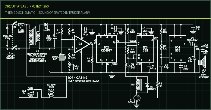 Circuit Atlas themed schematic for Sound Operated Intruder Alarm Circuit Atlas themed schematic for Sound Operated Intruder Alarm