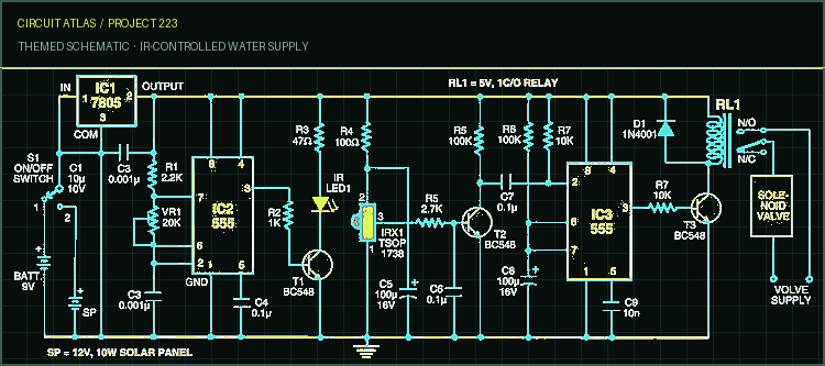 Circuit Atlas themed schematic for IR-Controlled Water Supply Circuit Atlas themed schematic for IR-Controlled Water Supply