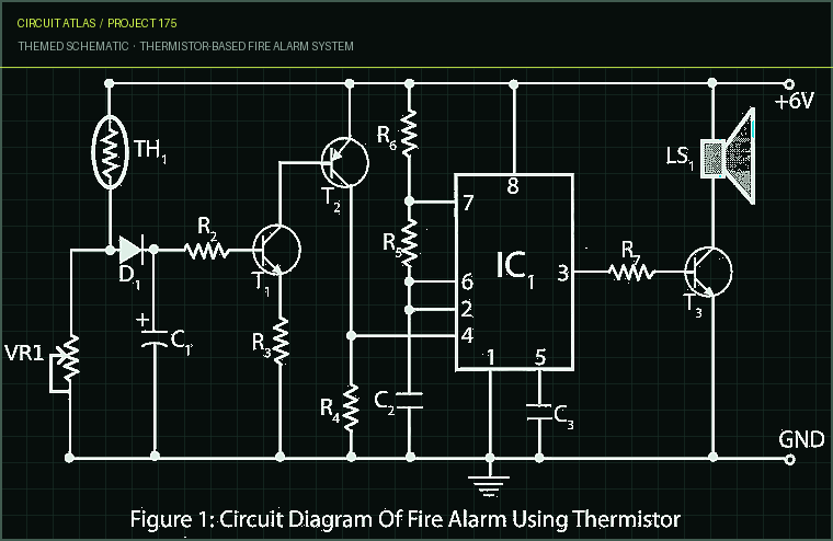 Circuit Atlas themed schematic for Thermistor-Based Fire Alarm System Circuit Atlas themed schematic for Thermistor-Based Fire Alarm System
