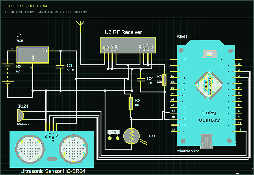 Circuit Atlas themed schematic for Smart Blind Stick using Arduino Circuit Atlas themed schematic for Smart Blind Stick using Arduino