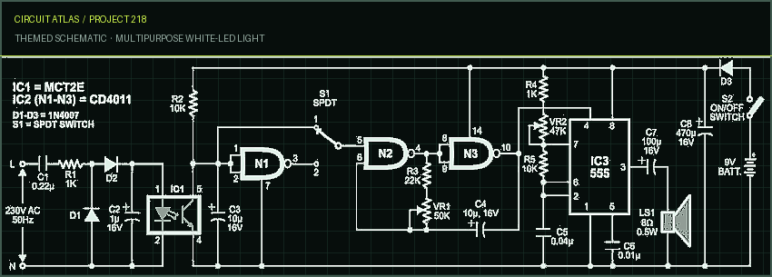 Circuit Atlas themed schematic for Multipurpose White-LED Light Circuit Atlas themed schematic for Multipurpose White-LED Light