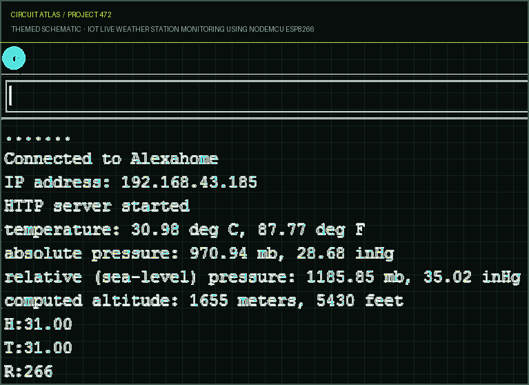 Circuit Atlas themed schematic for IoT Live Weather Station Monitoring Using NodeMCU ESP8266 Circuit Atlas themed schematic for IoT Live Weather Station Monitoring Using NodeMCU ESP8266