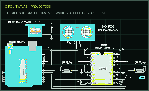 Circuit Atlas themed schematic for Obstacle Avoiding Robot using Arduino Circuit Atlas themed schematic for Obstacle Avoiding Robot using Arduino