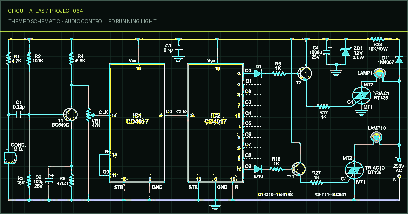Circuit Atlas themed schematic for Audio Controlled Running Light Circuit Atlas themed schematic for Audio Controlled Running Light