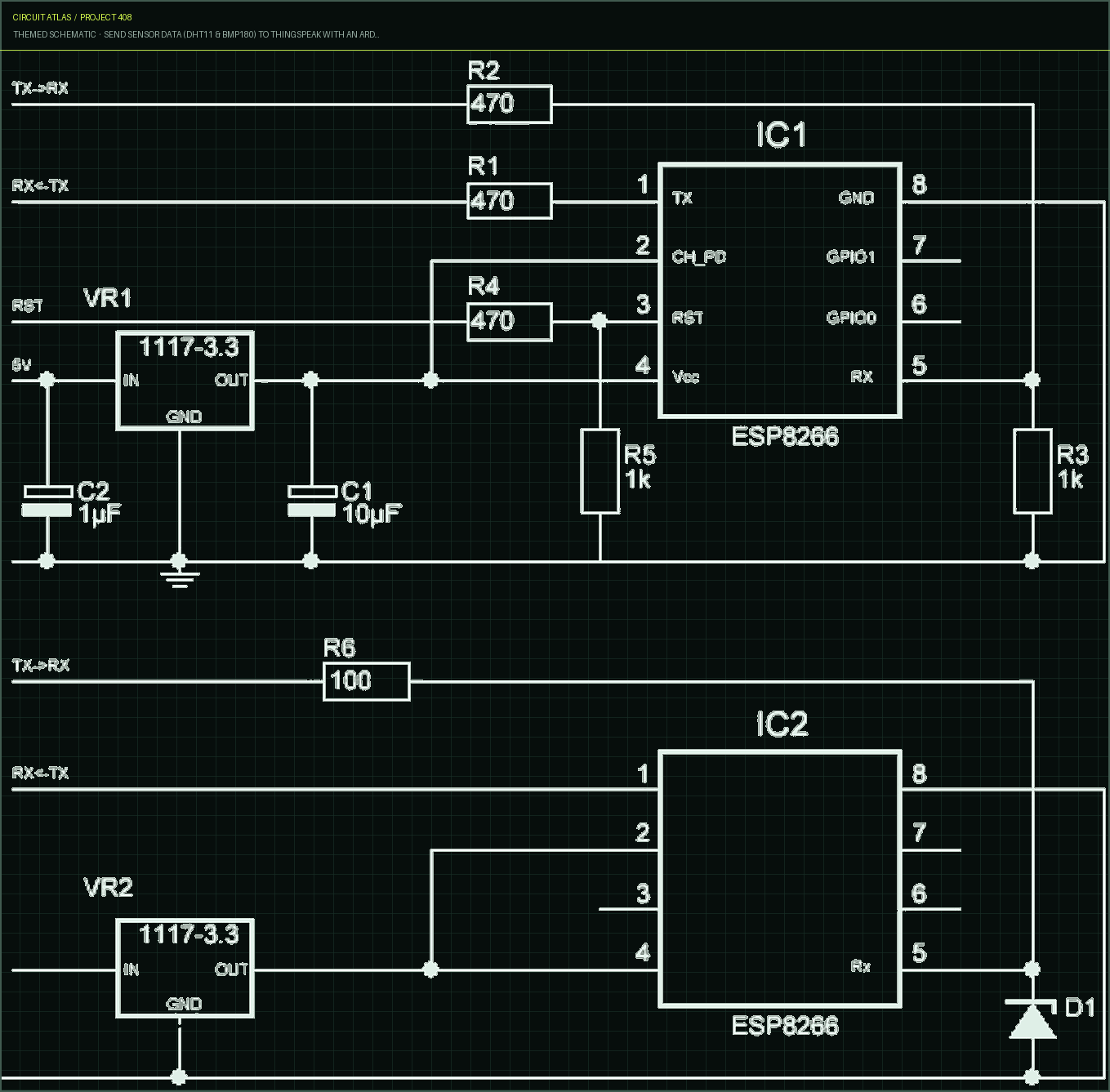 Circuit Atlas themed schematic for Send Sensor Data (DHT11 & BMP180) to ThingSpeak with an Arduino, Using Cable or WiFi (ESP8266) or Use ESP8266 Alone Circuit Atlas themed schematic for Send Sensor Data (DHT11 & BMP180) to ThingSpeak with an Arduino, Using Cable or WiFi (ESP8266) or Use ESP8266 Alone