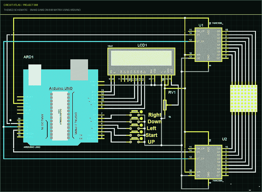 Circuit Atlas themed schematic for Snake Game on 8x8 Matrix using Arduino Circuit Atlas themed schematic for Snake Game on 8x8 Matrix using Arduino