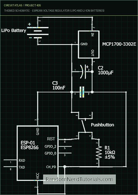 Circuit Atlas themed schematic for ESP8266 Voltage Regulator (LiPo and Li-ion Batteries) Circuit Atlas themed schematic for ESP8266 Voltage Regulator (LiPo and Li-ion Batteries)