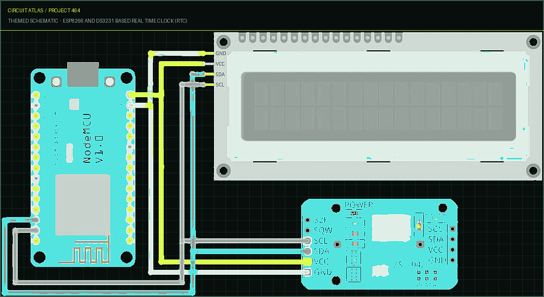 Circuit Atlas themed schematic for ESP8266 and DS3231 Based Real Time Clock (RTC) Circuit Atlas themed schematic for ESP8266 and DS3231 Based Real Time Clock (RTC)