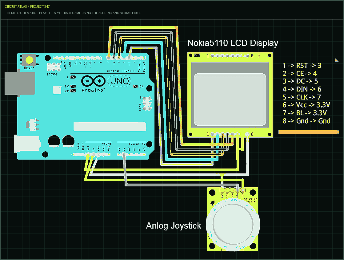 Circuit Atlas themed schematic for Play the Space Race Game using the Arduino and Nokia 5110 Graphic Display Circuit Atlas themed schematic for Play the Space Race Game using the Arduino and Nokia 5110 Graphic Display
