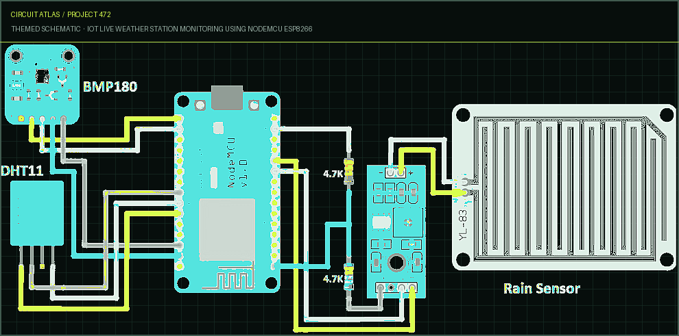 Circuit Atlas themed schematic for IoT Live Weather Station Monitoring Using NodeMCU ESP8266 Circuit Atlas themed schematic for IoT Live Weather Station Monitoring Using NodeMCU ESP8266