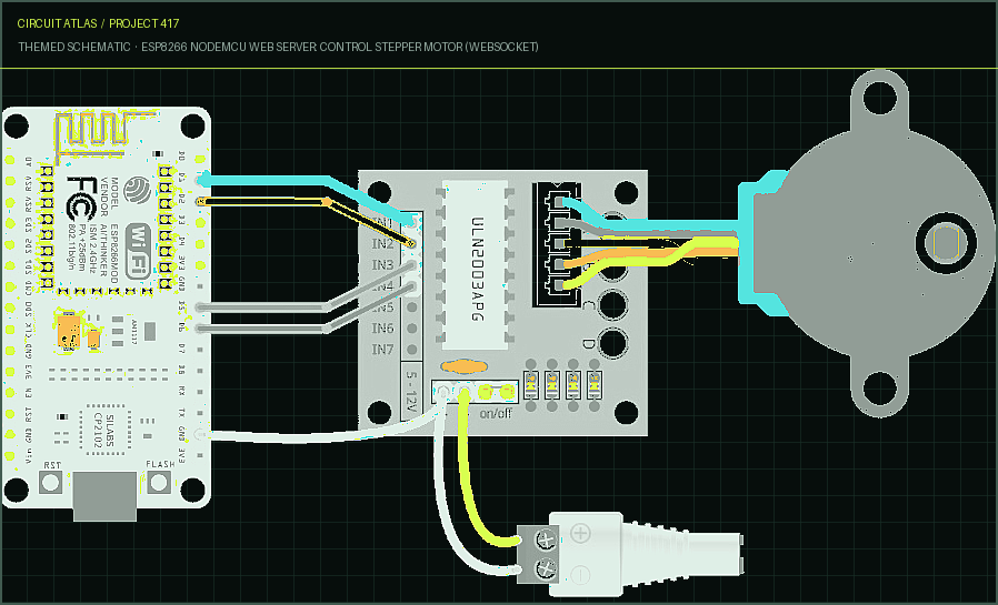 Circuit Atlas themed schematic for ESP8266 NodeMCU Web Server: Control Stepper Motor (WebSocket) Circuit Atlas themed schematic for ESP8266 NodeMCU Web Server: Control Stepper Motor (WebSocket)