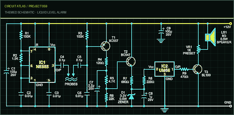 Circuit Atlas themed schematic for Liquid level alarm Circuit Atlas themed schematic for Liquid level alarm