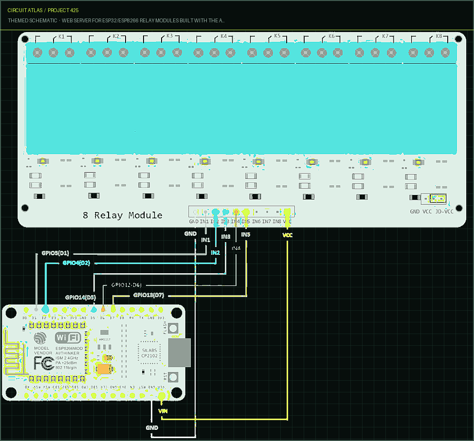 Circuit Atlas themed schematic for Web Server for ESP32/ESP8266 Relay Modules Built with the Arduino IDE (1, 2, 4, 8, 16 Channels) Circuit Atlas themed schematic for Web Server for ESP32/ESP8266 Relay Modules Built with the Arduino IDE (1, 2, 4, 8, 16 Channels)