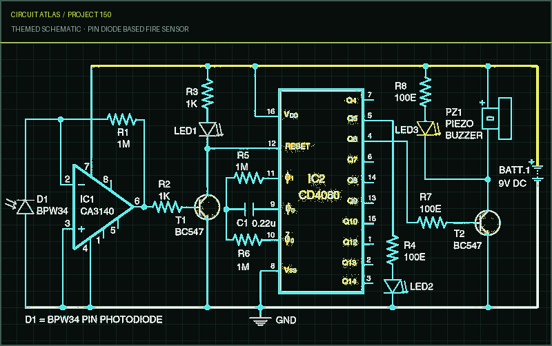 Circuit Atlas themed schematic for PIN Diode Based Fire Sensor Circuit Atlas themed schematic for PIN Diode Based Fire Sensor