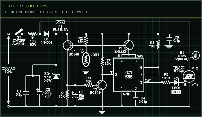 Circuit Atlas themed schematic for Electronic Street Light Switch Circuit Atlas themed schematic for Electronic Street Light Switch