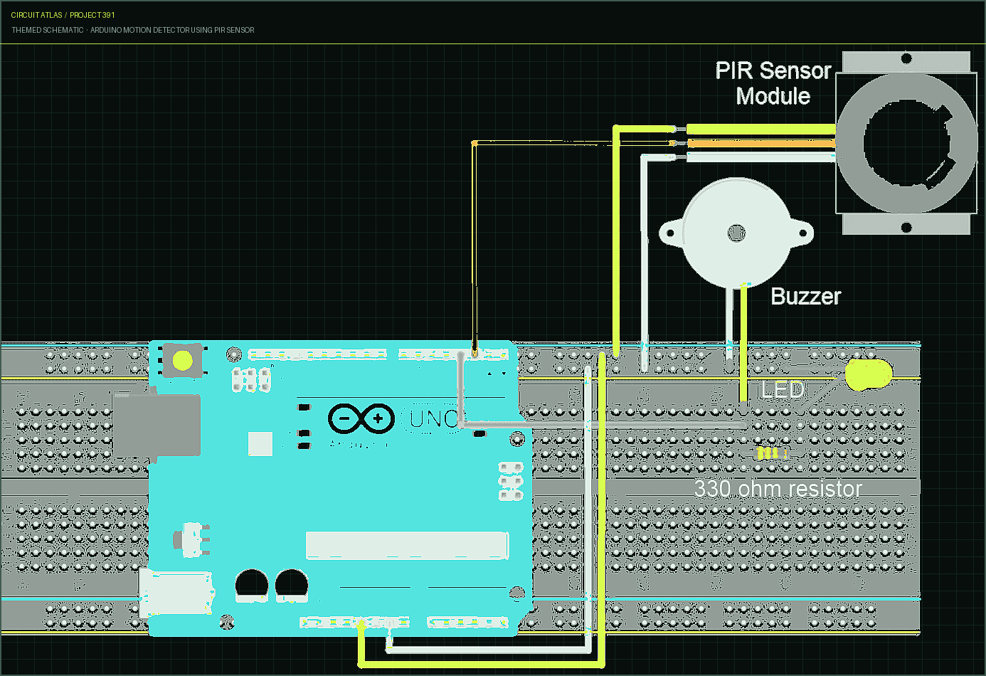 Circuit Atlas themed schematic for Arduino Motion Detector using PIR Sensor