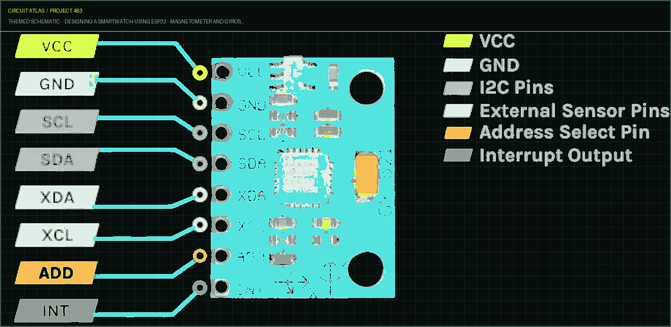 Circuit Atlas themed schematic for Designing a Smartwatch using ESP32 - Magnetometer and Gyroscope Circuit Atlas themed schematic for Designing a Smartwatch using ESP32 - Magnetometer and Gyroscope