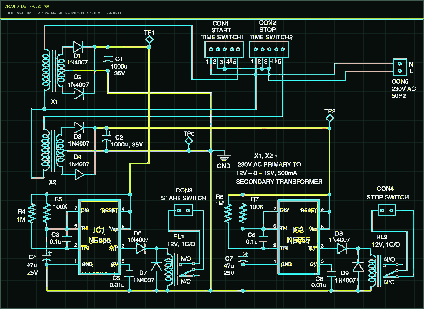 Circuit Atlas themed schematic for 3 Phase Motor Programmable on and Off Controller Circuit Atlas themed schematic for 3 Phase Motor Programmable on and Off Controller