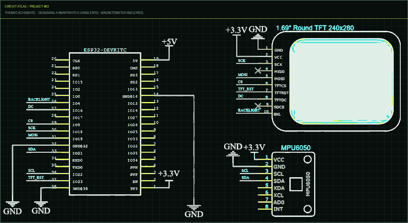 Circuit Atlas themed schematic for Designing a Smartwatch using ESP32 - Magnetometer and Gyroscope Circuit Atlas themed schematic for Designing a Smartwatch using ESP32 - Magnetometer and Gyroscope