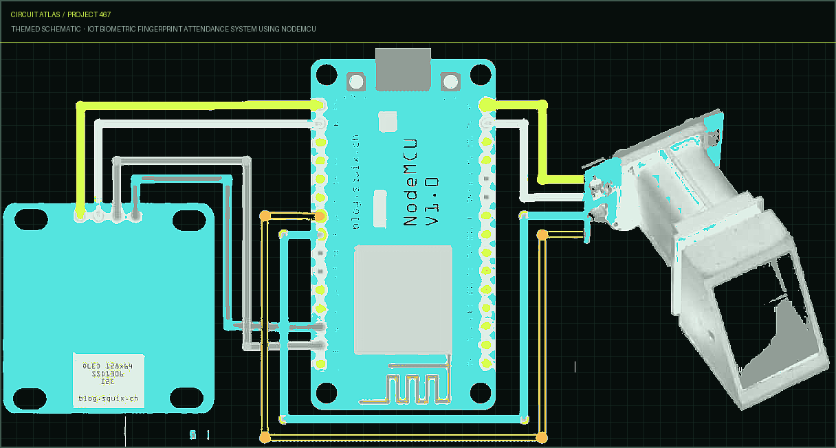 Circuit Atlas themed schematic for IoT Biometric Fingerprint Attendance System using NodeMCU Circuit Atlas themed schematic for IoT Biometric Fingerprint Attendance System using NodeMCU