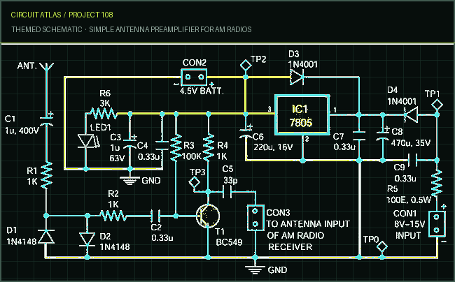 Circuit Atlas themed schematic for Simple Antenna Preamplifier for AM Radios Circuit Atlas themed schematic for Simple Antenna Preamplifier for AM Radios