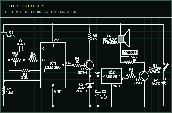 Circuit Atlas themed schematic for Timer with Musical Alarm Circuit Atlas themed schematic for Timer with Musical Alarm