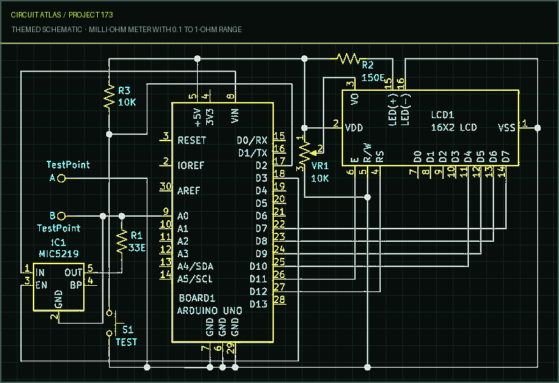 Circuit Atlas themed schematic for Milli-Ohm Meter with 0.1 To 1-Ohm Range Circuit Atlas themed schematic for Milli-Ohm Meter with 0.1 To 1-Ohm Range