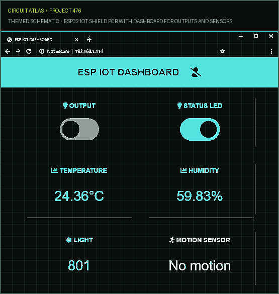Circuit Atlas themed schematic for ESP32 IoT Shield PCB with Dashboard for Outputs and Sensors Circuit Atlas themed schematic for ESP32 IoT Shield PCB with Dashboard for Outputs and Sensors