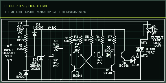 Circuit Atlas themed schematic for Mains-Operated Christmas Star Circuit Atlas themed schematic for Mains-Operated Christmas Star