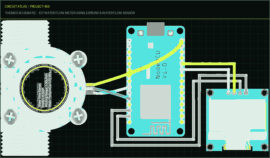 Circuit Atlas themed schematic for IoT Water Flow Meter using ESP8266 & Water Flow Sensor Circuit Atlas themed schematic for IoT Water Flow Meter using ESP8266 & Water Flow Sensor