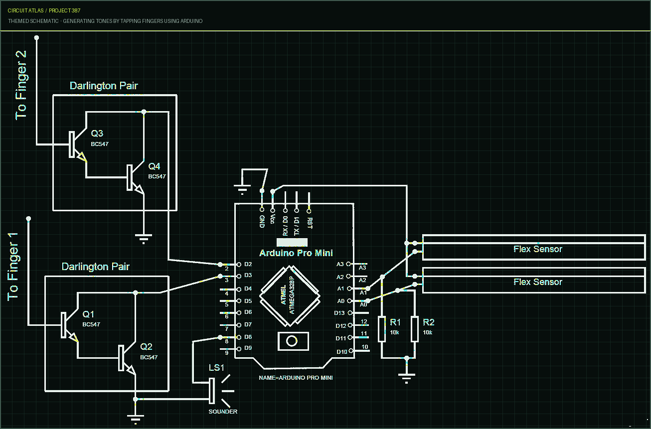 Circuit Atlas themed schematic for Generating Tones by Tapping Fingers using Arduino Circuit Atlas themed schematic for Generating Tones by Tapping Fingers using Arduino