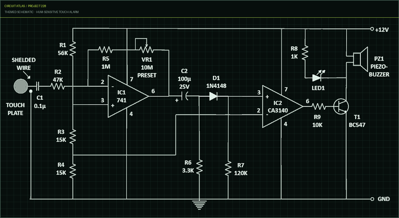 Circuit Atlas themed schematic for Hum-Sensitive Touch Alarm Circuit Atlas themed schematic for Hum-Sensitive Touch Alarm