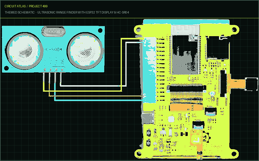 Circuit Atlas themed schematic for Ultrasonic Range Finder with ESP32 TFT Display & HC-SR04 Circuit Atlas themed schematic for Ultrasonic Range Finder with ESP32 TFT Display & HC-SR04