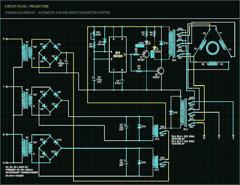Circuit Atlas themed schematic for Automatic 3-Phase Induction Motor Starter Circuit Atlas themed schematic for Automatic 3-Phase Induction Motor Starter