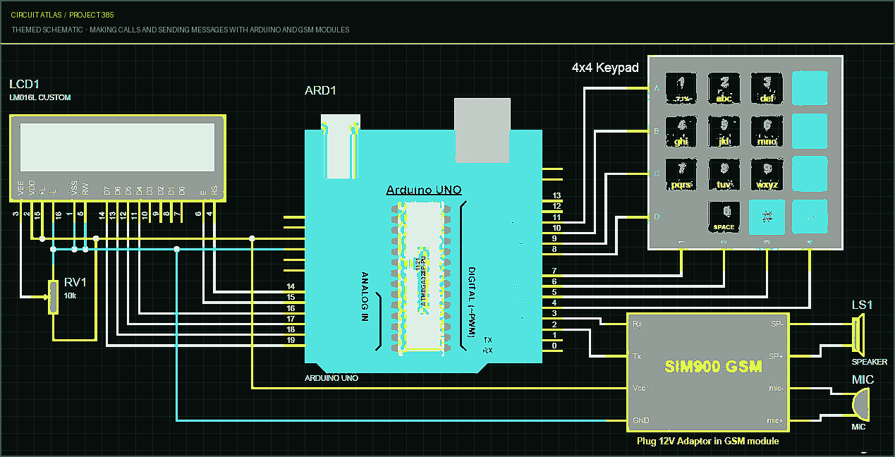 Circuit Atlas themed schematic for Making calls and sending messages with Arduino and GSM modules Circuit Atlas themed schematic for Making calls and sending messages with Arduino and GSM modules