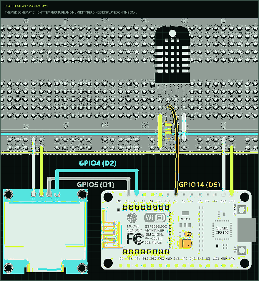 Circuit Atlas themed schematic for DHT Temperature and Humidity Readings Displayed on the on- board ESP8266's OLED Display Circuit Atlas themed schematic for DHT Temperature and Humidity Readings Displayed on the on- board ESP8266's OLED Display