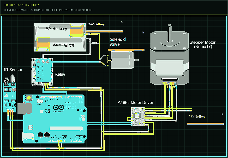 Circuit Atlas themed schematic for Automatic Bottle Filling System using Arduino Circuit Atlas themed schematic for Automatic Bottle Filling System using Arduino